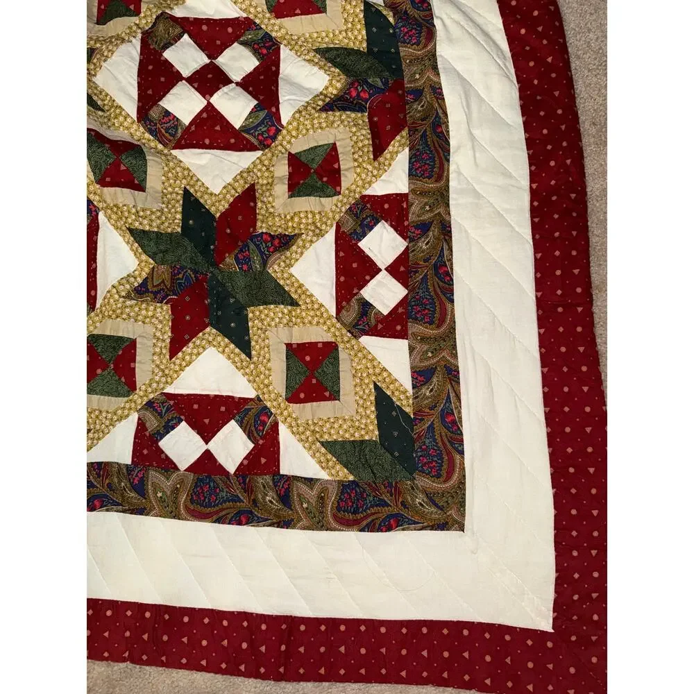 Handmade Vintage Cotton Quilted Ohio Star Patchwork Christmas Quilt Queen Size